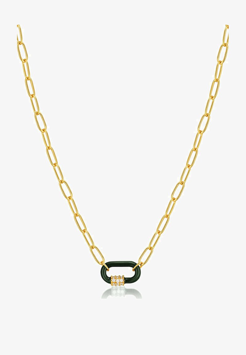 Guld kædedesign med forlængede led, en central sort oval accent og tre små klare ædelstene som detaljer. Glat overflade og poleret tekstur.