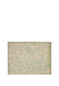 Light green textured leather cardholder featuring a patterned design of leaves and geometric shapes. Stitched edges in a contrasting color.