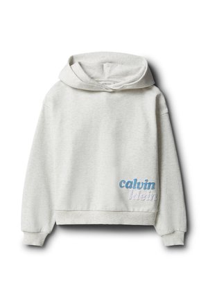 Sweat à capuche gris clair avec manches longues, poignets côtelés et "calvin klein" brodé en bleu et blanc sur le bas gauche devant.