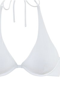 Weißes Bikini-Oberteil mit geripptem Muster, dreieckigen Cups, verstellbaren Bindebändern und nahtlosem Design. Geeignet für Badebekleidung.