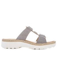 Open-toe casual sandal with thick white sole, beige cushioned footbed, and two wide grey fabric straps with a small metal buckle.