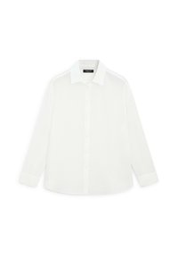 Camicia bianca a maniche lunghe con colletto classico, realizzata in tessuto leggero, con una texture liscia e un sottile lucido.