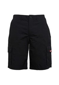 Schwarze Cargo-Shorts aus leichtem Material, mit Knopfverschluss, zwei seitlichen Taschen und einem Logo-Akzent auf der Seitentasche.