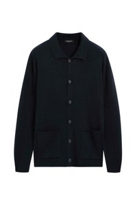 Dark navy button-up cardigan made of soft fabric featuring a structured collar, two front pockets, and a relaxed fit.