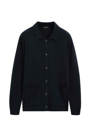 Donkerblauwe button-up cardigan van zachte stof met een gestructureerde kraag, twee voorzakken en een ontspannen pasvorm.
