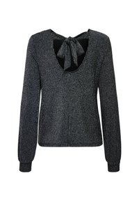 Top nero a maniche lunghe con scollo posteriore a U e dettaglio con fiocco. Il tessuto presenta sottili strisce argentate per aggiungere texture e interesse visivo.