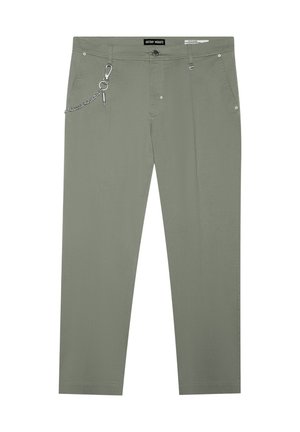 Groene katoenen broek met zilverkleurige hardware, kettingdetail, vijf zakken, rits en riemlussen. Rechtoe-rechtaan pasvorm met een matte afwerking.