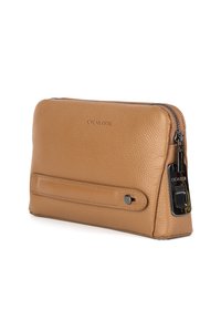 Tan leather pouch with textured surface, zip closure, and a side pocket. Features a black hardware accent and embossed logo.