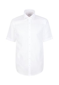 Chemise blanche à manches courtes avec col pointu, boutons sur le devant et ourlet droit sur un fond uni.