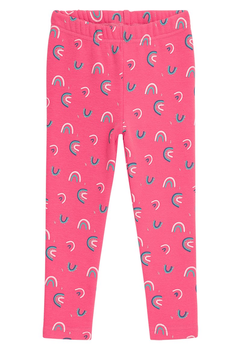 Rosa Leggings aus einem Baumwollmix, die mit kleinen Regenbogenmotiven in Blau, Pink und Weiß bedruckt sind. Elastischer Bund. Weiche, dehnbare Textur.