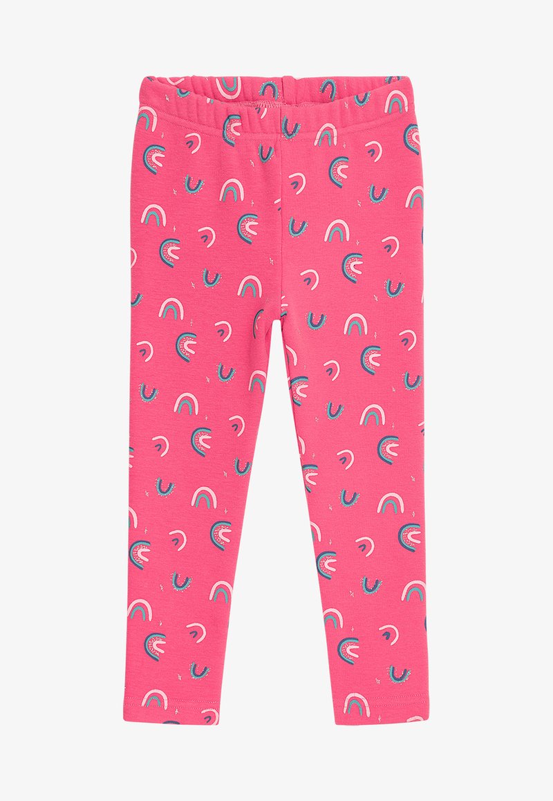 Rosa Leggings aus einem Baumwollmix, die mit kleinen Regenbogenmotiven in Blau, Pink und Weiß bedruckt sind. Elastischer Bund. Weiche, dehnbare Textur.