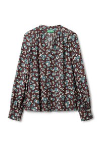 Blusa floreale marrone con maniche lunghe, caratterizzata da fiori blu e crema, un collo a chiave e dettagli arricciati sulle spalle.