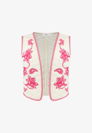 Väster med quiltad krämfärg, prydd med rosa blommorbroderi och matchande kant, med öppen front och utan ärmar, utformad för att bäras i lager.