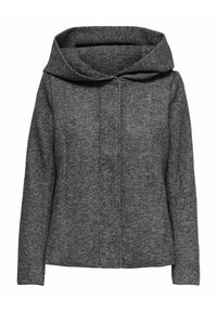 Grå hættetrøjejakke lavet af struktureret stof. Har en bred, foldet krave og en lige pasform med lange ærmer. Lukkemekanismen foran er ikke synlig.