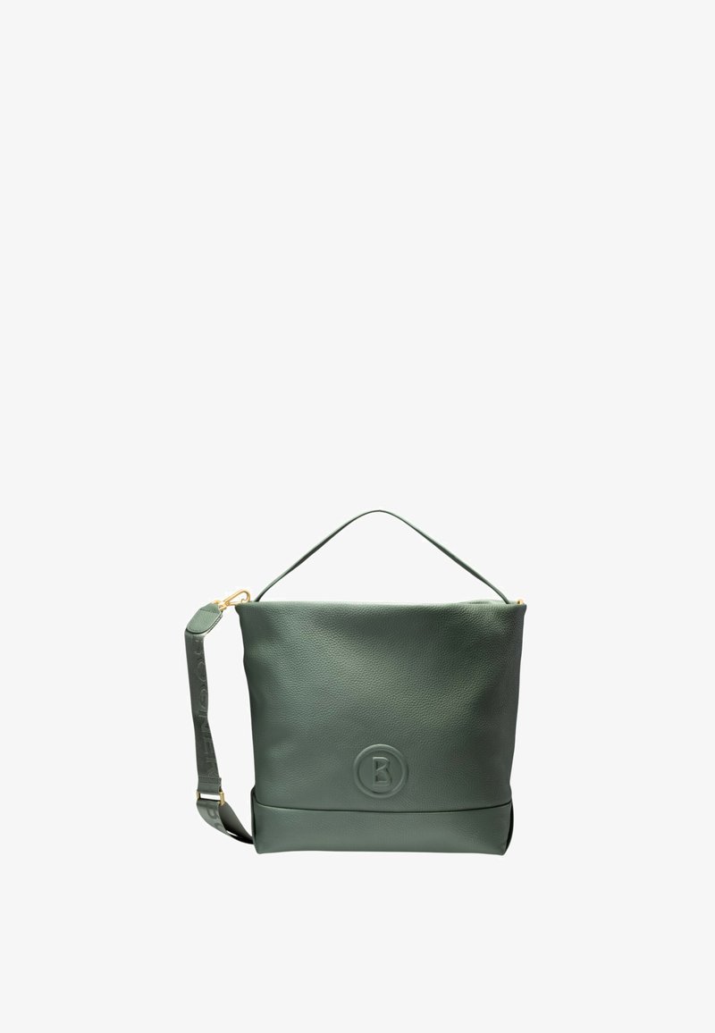 Dunkelgrüne Lederhandtasche mit einem oberen Griff und einem verstellbaren Schulterriemen, versehen mit einem kreisförmig geprägten Logo auf der Vorderseite.