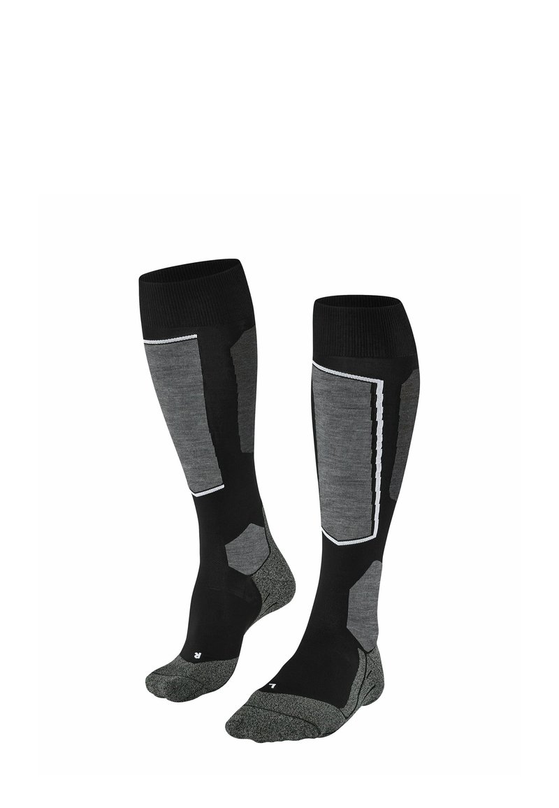 Kniestrümpfe in Schwarz und Grau mit strukturiertem Design, gepolsterten Abschnitten und kontrastierenden Mustern an den Seiten und Zehen.