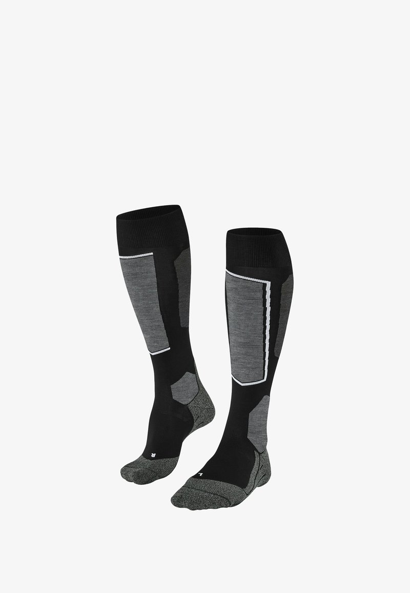 Calze fino al ginocchio in nero e grigio, con un design testurizzato, sezioni imbottite e motivi a contrasto lungo i lati e le punte.