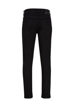 Jeans elásticos negros con un corte ajustado, que cuentan con una cintura de altura media y dos bolsillos traseros. Textura suave con detalles de hardware mínimos.