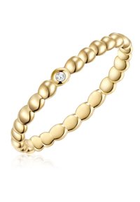 Kuldne sõrmus, millel on helmestikujuline disain, sile pind, ümmargune kuju ja üks sissepandud selge kivi aksent.