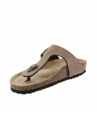 Sandalia de flip-flop de cuero marrón con una plantilla de corcho, suela de goma negra, un prominente separador de dedos y un botón decorativo en la correa superior.