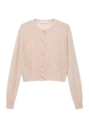 Light pink knitted cardigan with long sleeves, round neckline, and button-down front. Soft texture with ribbed hem and cuffs.