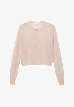 Cardigan lavorato a maglia rosa chiaro con maniche lunghe, scollatura rotonda e chiusura a bottoni. Texture morbida con orlo e polsini a coste.