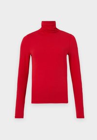 Rød høyhalset langermet skjorte laget av mykt materiale. Formtilpasset design med sømløse skuldre og en glatt tekstur. Enkel, ensfarget.