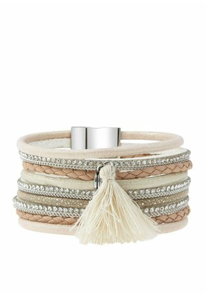Multilayered bracelet featuring various textured bands in soft beige and silver, accented with metal links and a tassel detail.