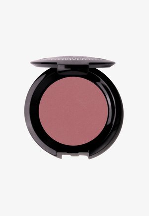 Ronde blushcompact met een gladde, matte mauve-roze poeder binnenin, omhuld door een glanzend zwarte buitenkant met een flip-top deksel.