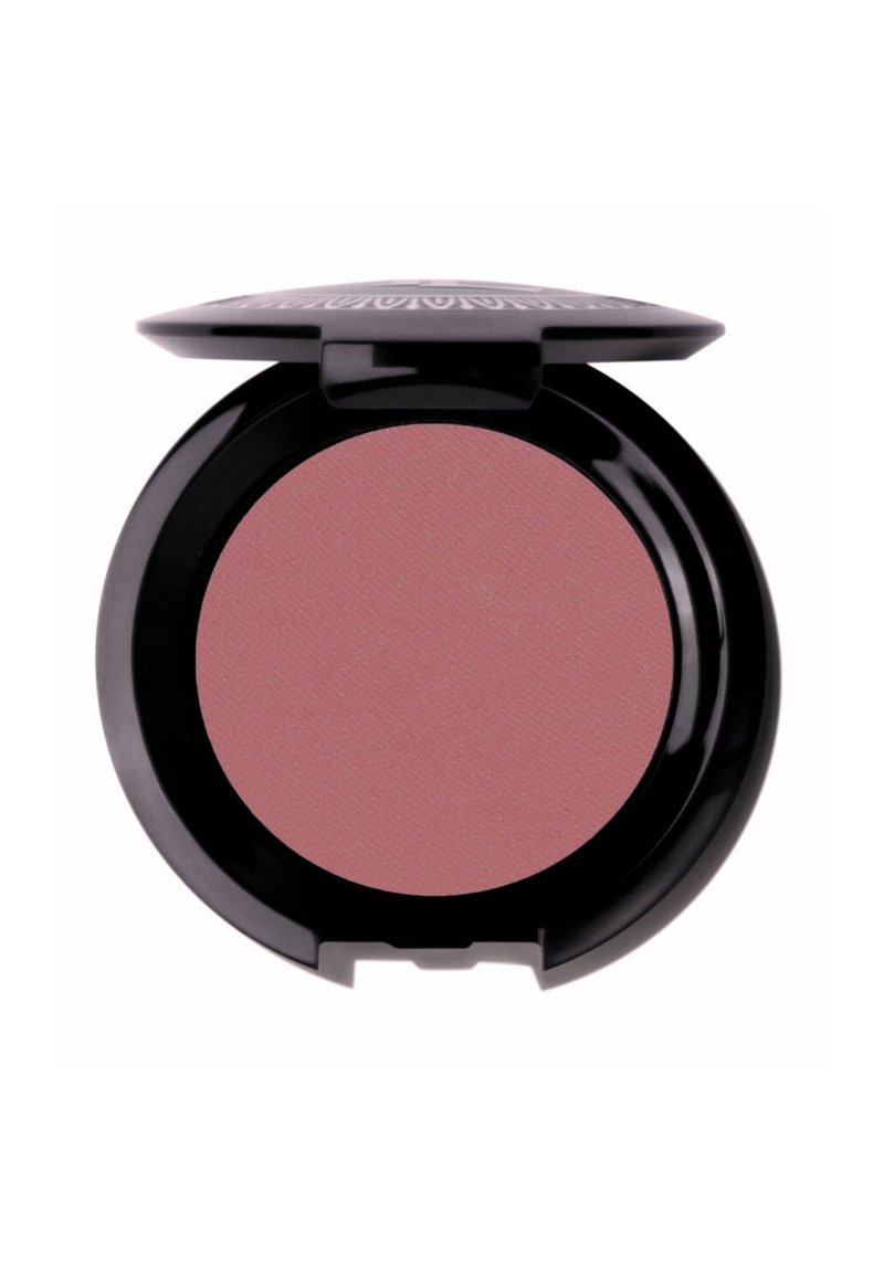 Compact de blush rond avec une poudre rose mauve mate et lisse à l'intérieur, enfermé dans un boîtier extérieur noir brillant avec un couvercle à ouverture basculante.