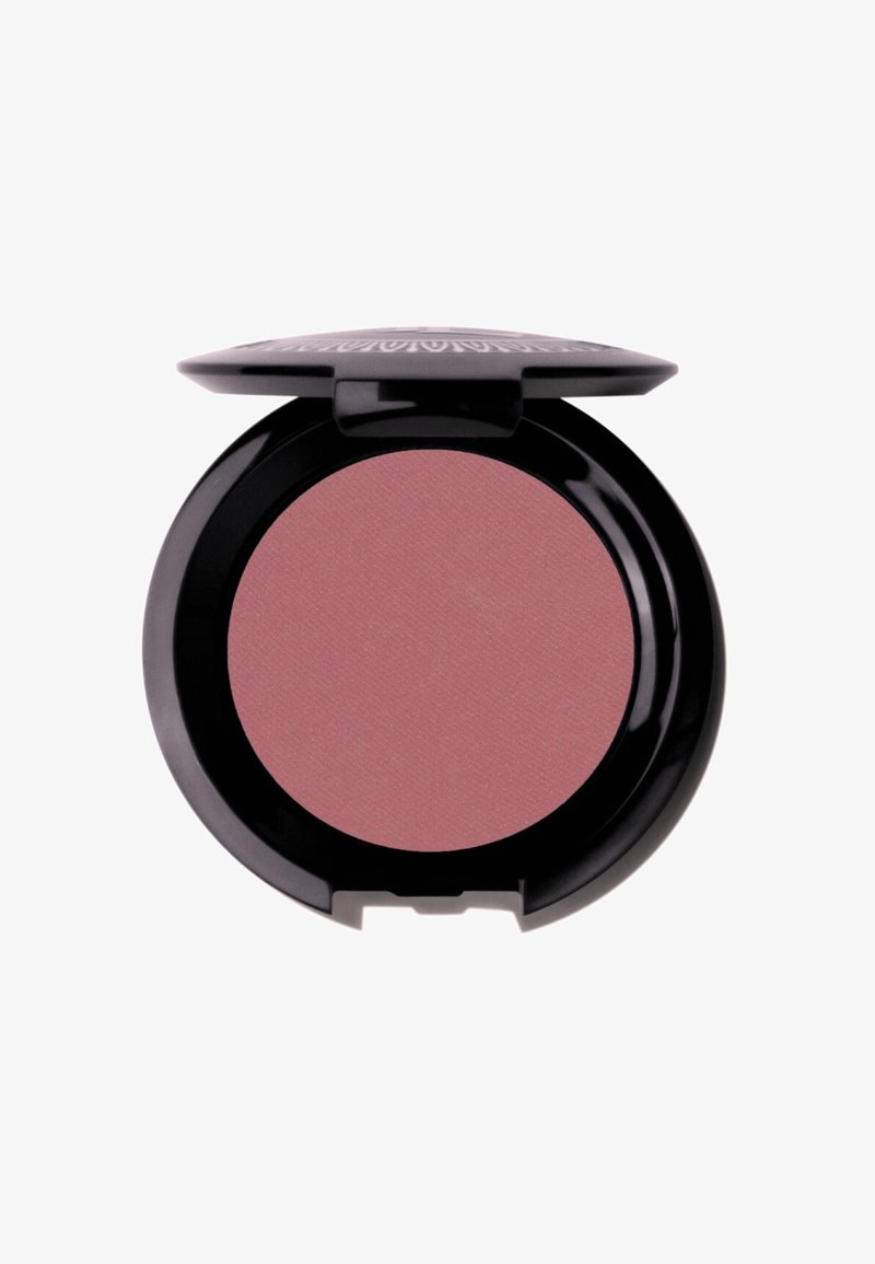 Runde Blush-Compact mit einem glatten, matten mauve-pinken Puder im Inneren, umschlossen von einem glänzenden schwarzen Gehäuse mit einem Klappdeckel.