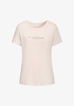 Šviesiai rožinė trumpomis rankovėmis marškinėliai, pagaminti iš švelnaus medvilnės, su tekstu "pasirink žydėti" ir mažomis žiedų grafikomis žalia spalva.