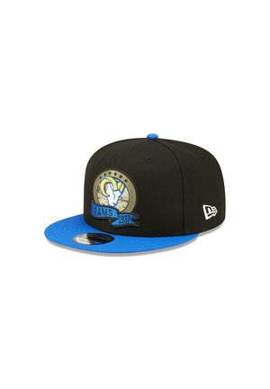 Black and blue snapback cap featuring a Rams logo with a ram head and "Rams 1937" text on the front panel, and a white New Era logo on the side.