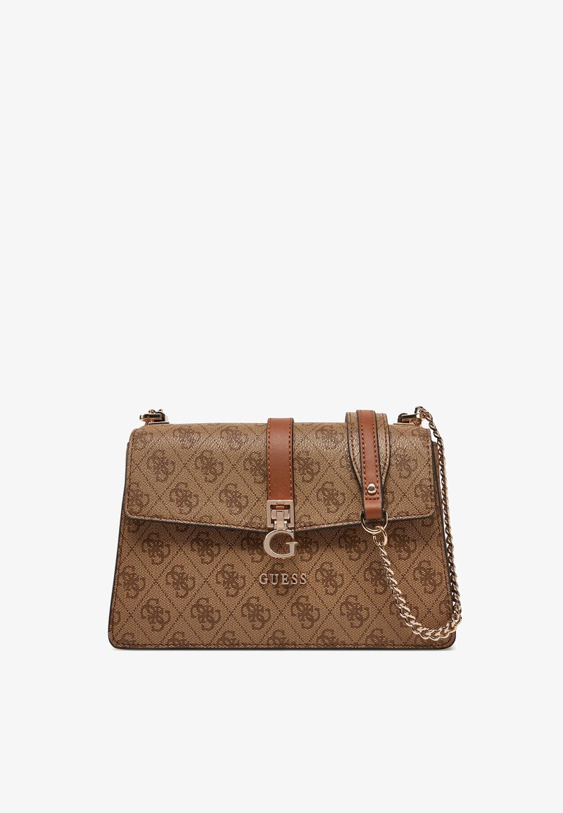 Sac à main marron à motif, avec une chaîne et une sangle en cuir, doté d'une fermeture à clasp et d'un logo en métal bien en évidence.