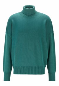 Pull en maille côtelée vert canard avec col roulé, manches longues et épaules tombantes, présentant des poignets et un ourlet côtelés.