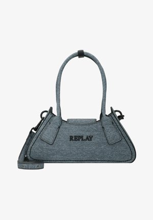Grå trekantet håndtaske med buede håndtag, sort "REPLAY" logo på fronten og aftagelig skulderrem.