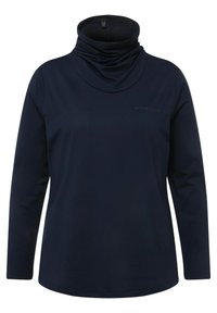 Marineblaues Langarm-Turtleneck-Oberteil aus weichem, dehnbarem Stoff mit einem drapierten Kragen und dezentem Logo-Detail auf der Vorderseite. Glatte Textur insgesamt.