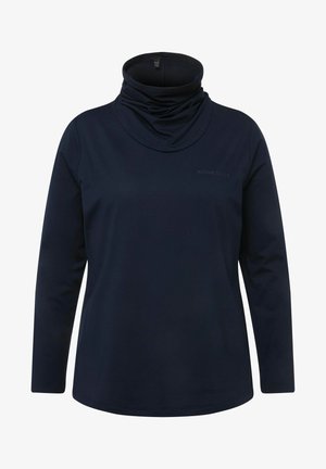 Navy long-sleeve turtleneck top in soft, stretchy fabric with a draped collar and subtle logo detail on the front. Smooth texture throughout.