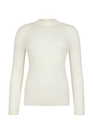 Cremfarbener Langarmshirt mit gerippter Textur und hohem Kragen. Verfügt über ein figurnahes Design und nahtlose Verarbeitung.
