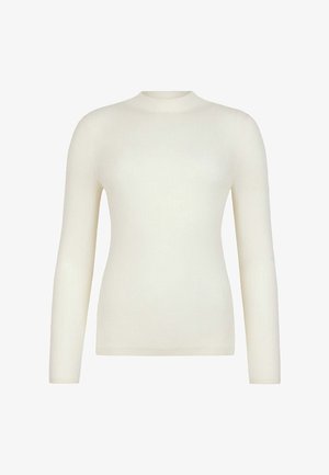 Cremefarvet langærmet bluse med ribbet tekstur og høj halsudskæring. Har et tætsiddende design og sømløs konstruktion.