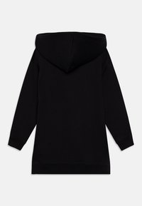 Svart hettegenser med lange ermer, robust tekstur og en enkel design. Baksiden er ensfarget uten ytterligere mønstre eller detaljer.