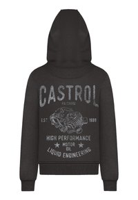Black hoodie with a kangaroo pocket, featuring "CASTROL" logo and engine graphic in gray. Soft fabric with ribbed cuffs and hem.