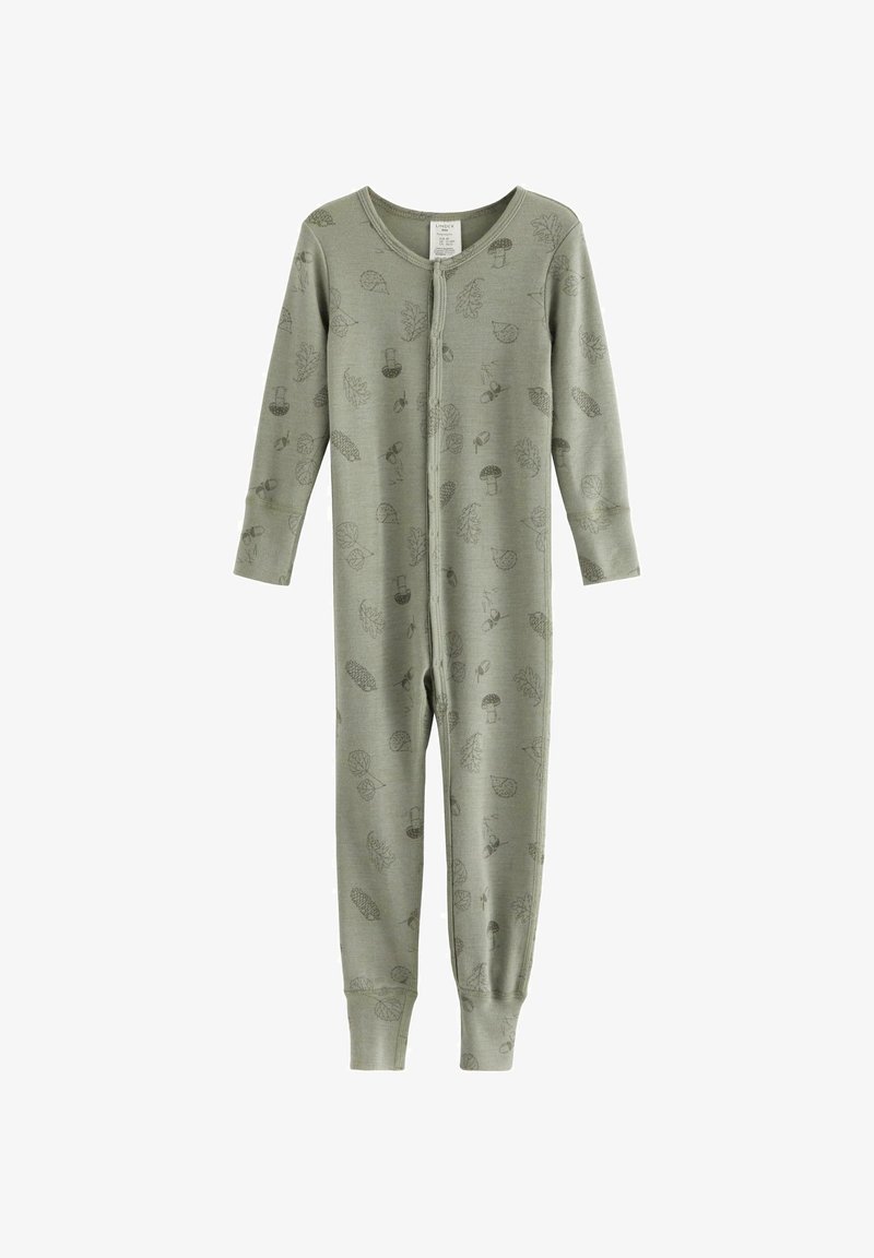 Body z długim rękawem w jasnym zielonym kolorze, z zapięciem na guziki, wykonany z miękkiego materiału, z wzorem liści i żołędzi na całej powierzchni.