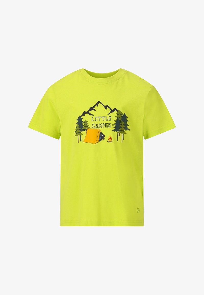 Heldere gele T-shirt met korte mouwen met de tekst "LITTLE CAMPER" en een grafisch ontwerp van bergen, bomen, een tent en vlammen. Zacht katoenen materiaal.