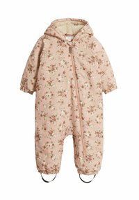 Roze bloemenoverall met een capuchon, voorzien van een ritssluiting, elastische manchetten en een zachte binnenvoering. Inclusief voetbanden voor een veilige pasvorm.