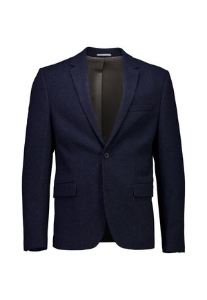 Dunkel marineblauer Ein-Knopf-Blazer mit Kerb-Revers, zwei aufgesetzten Taschen mit Klappe vorne und einer Brustleistentasche, dargestellt vor weißem Hintergrund.