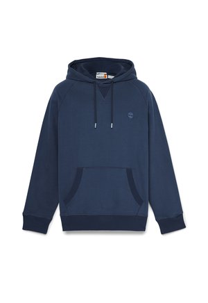 Navyblauwe hoodie met een kangoeroezak, verstelbare capuchon en geribde manchetten. Bevat een klein logo op de borst en heeft een gladde textuur.