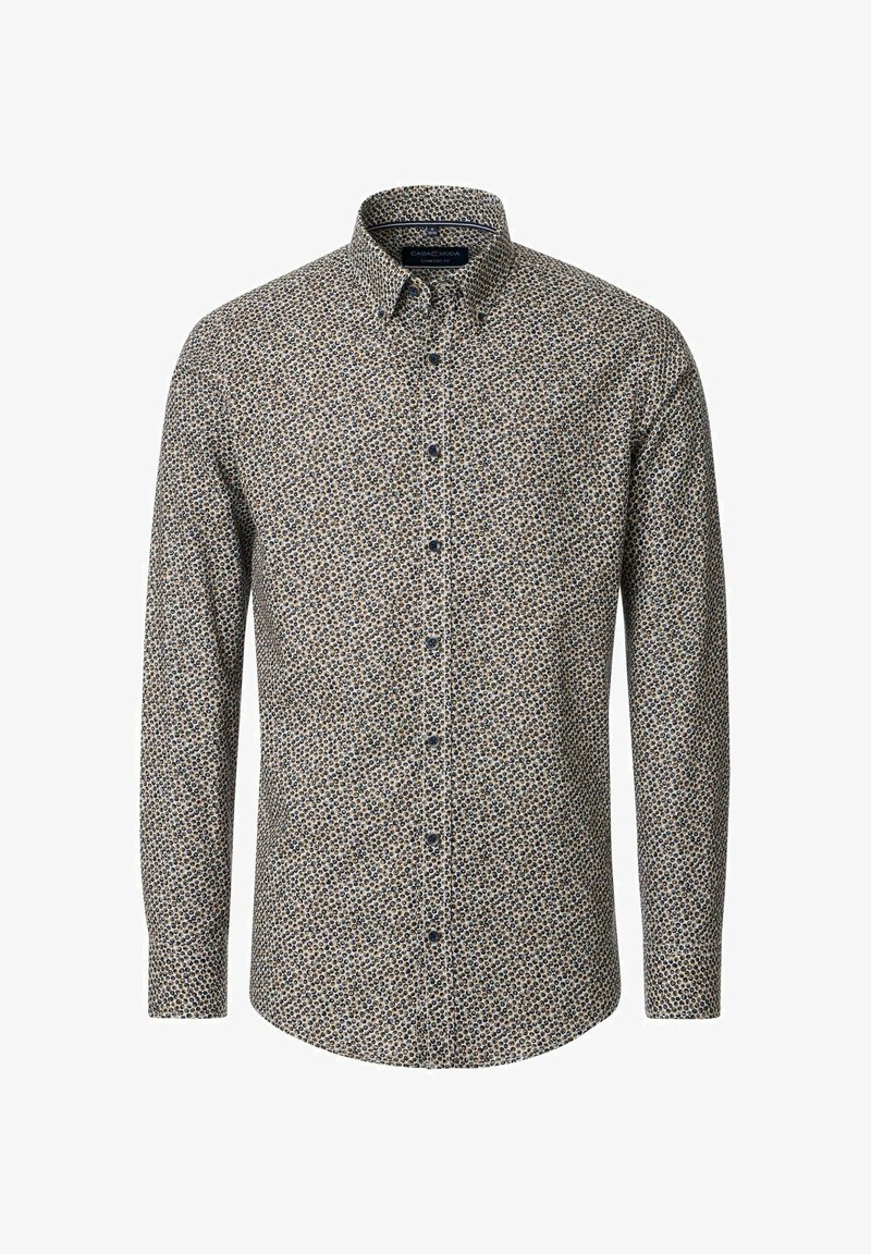 Long-sleeve button-up shirt in a navy, cream, and brown floral pattern, with a spread collar and dark buttons. Cotton blend fabric.