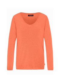 Lange mouwen, top met een ronde hals in een levendige koraalkleur, gemaakt van zachte, lichte stof met een gladde textuur. Geen zichtbare patronen of accenten.