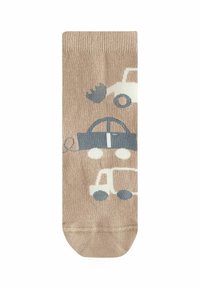 Chaussette marron clair avec motifs de véhicules en gris clair et navy. Les motifs incluent une voiture, un camion et un engin de construction. Matière en mélange de coton.